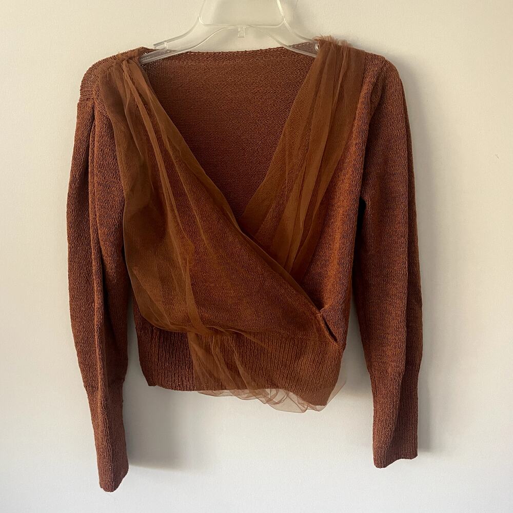 Chicwish Mesh Overlay Crop Knit Top in Carmel Sz L/XL
